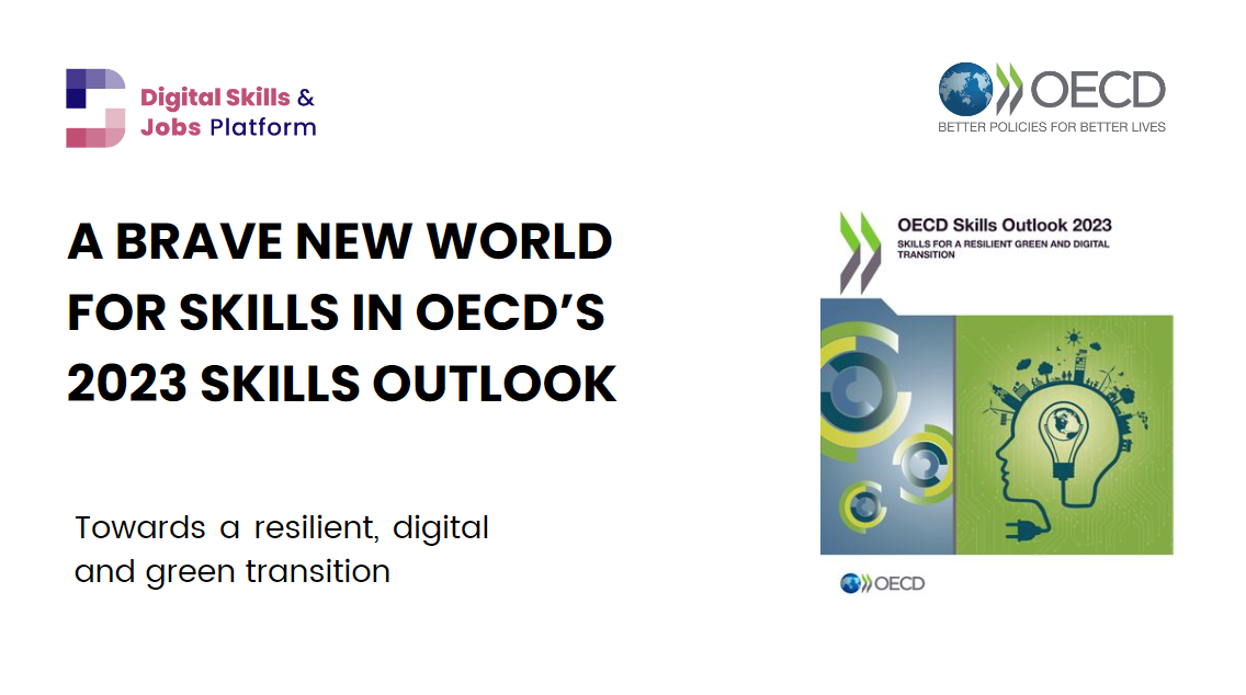 An image with the title of OECD's 2023 Skills Outlook together with the cover page of the report