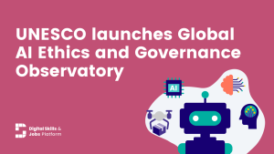decorative image with picture of robot and text UNESCO launches Global AI Ethics and Governance Observatory