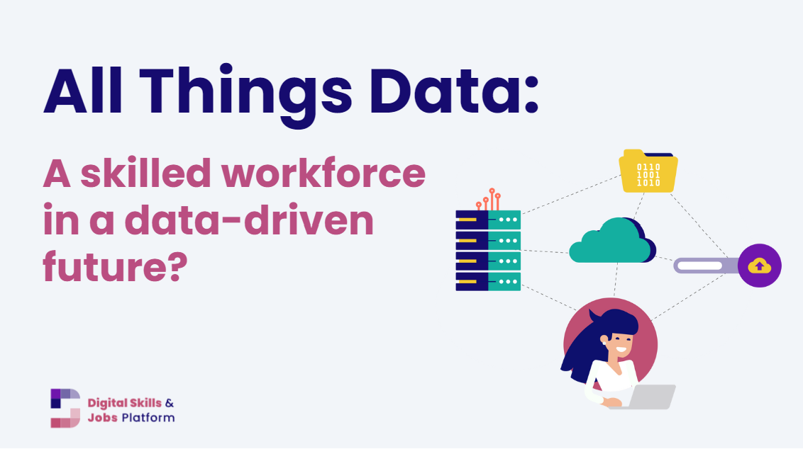 Une bannière avec une illustration d’une personne avec des éléments de données (ordinateur portable, nuage) flottant autour. La bannière indique: Toutes les données: une main-d’œuvre qualifiée dans un avenir axé sur les données?